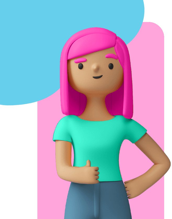 desenho 3d moderno de uma mulher de cabelo rosa fazendo joia com a mão, usando uma camiseta verde escrito NOW, fundo rosa com detalhe azul no topo